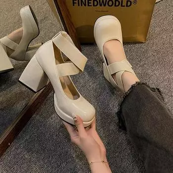 Женские туфли-лодочки 2024 Весна Осень Новые Ремешки На щиколотке Ретро Мэри Джейн Круглый Носок Женские Туфли На Платформе Массивный Высокий Каблук Женские Туфли 35