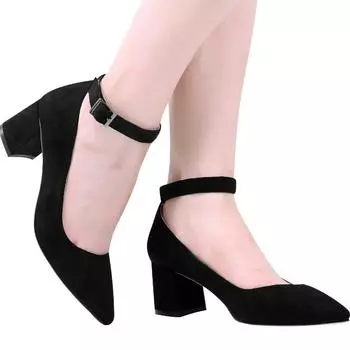Женские туфли-лодочки 55 мм с бархатным носком и ремешком на щиколотке, туфли-лодочки на высоком толстом каблуке, модные туфли для вечеринки, свадьбы и платья 35 чёрный