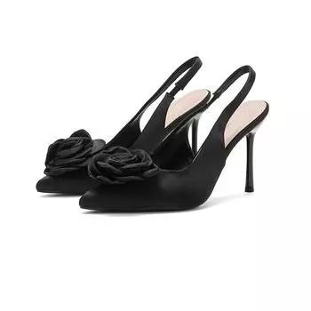 Женские туфли-лодочки атласные с цветком на шпильке, сексуальные с ремешком сзади, для вечеринки в ночном клубе, с острым носком, сандалии-мюли 35