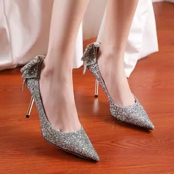 Женские туфли-лодочки Bing Sequins, серебристые, с блестящим бантом, на тонком каблуке, свадебные туфли, женские туфли с острым носком и высоким каблуком 34