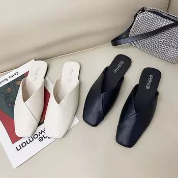 Женские туфли-лодочки больших размеров, лето 2024, элегантные шлепанцы на плоской подошве с квадратным закрытым носком, женская обувь, повседневные кожаные черные, белые шлепанцы, женские шлепанцы 35 бежевый