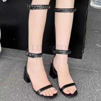 Женские туфли-лодочки, босоножки, сапоги, полуботинки, женская мода, гладиаторские туфли, летние женские туфли с металлической цепочкой, черные повседневные туфли на высоком каблуке 35 чёрный