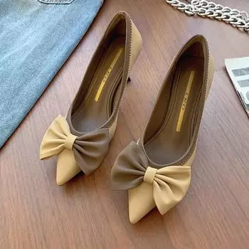 Женские туфли-лодочки, дизайнерские пикантные сандалии на среднем каблуке с бантом, туфли на шпильке с острым носком, весна-лето, новая модная женская обувь на мелком каблуке 34 бежевый