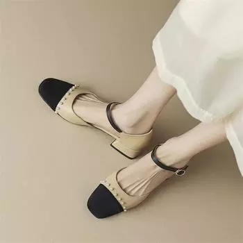 Женские туфли-лодочки из двух предметов с квадратным носком на толстом низком каблуке с пряжкой из бисера, разноцветная женская модная обувь, весенне-осенний абрикосовый цвет 43 33 бежевый