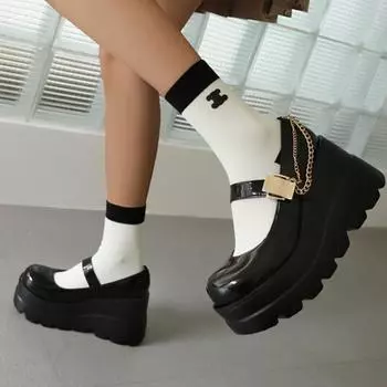 Женские туфли-лодочки из искусственной кожи, модные весенне-осенние туфли Мэри Джейн на танкетке с круглым носком и цепочкой, черные 35-43 35 чёрный