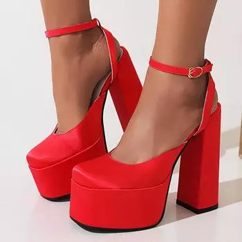 Женские туфли-лодочки из искусственной кожи, на платформе, на очень высоком каблуке, с круглым носком, с ремешком на пятке, вечерние лаконичные весенне-осенние туфли с пряжкой, красные