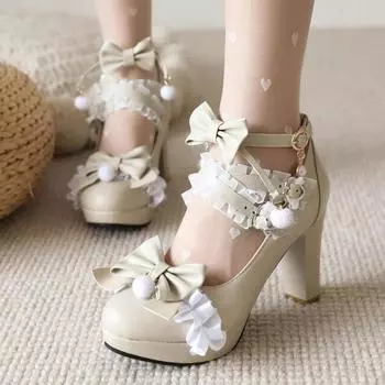 Женские туфли-лодочки из искусственной кожи, на платформе, на толстом высоком каблуке, с круглым носком, Мэри Джейн, с бантом и пряжкой, для вечеринки, свадьбы, милая весна-осень 33 бежевый
