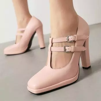 Женские туфли-лодочки из искусственной кожи на тонком высоком каблуке с квадратным носком и пряжкой на ремешке, лаконичные вечерние весенне-осенние туфли черного цвета 34 чёрный