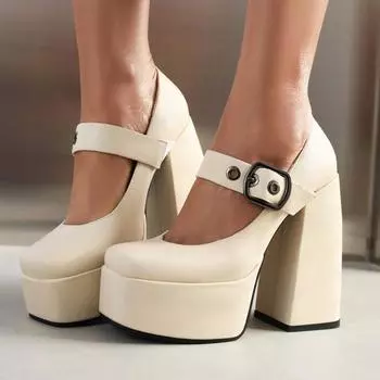 Женские туфли-лодочки из искусственной кожи на платформе, на очень высоком каблуке с квадратным носком, вечерние пикантные весенне-осенние туфли Мэри Джейн с пряжкой на ремне 35 бежевый