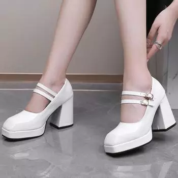 Женские туфли-лодочки из искусственной кожи на толстом высоком каблуке с квадратным носком и пряжкой Мэри Джейн, модная вечерняя весенне-осенняя обувь черного, винно-красного цвета 34 чёрный