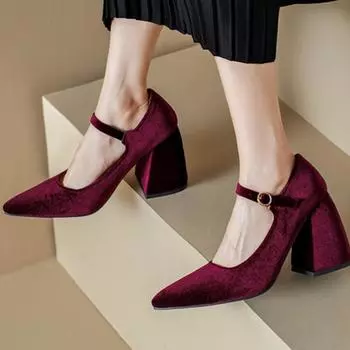 Женские туфли-лодочки из искусственной кожи на очень высоком толстом каблуке с острым носком, вечерние пикантные весенне-осенние туфли Мэри Джейн с пряжкой, черные, зеленые 33 чёрный