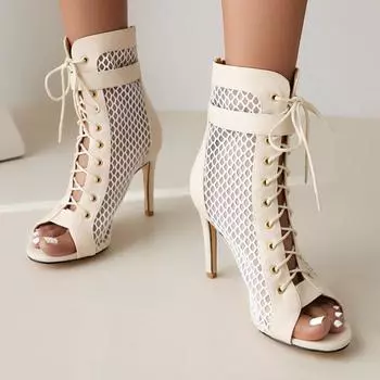 Женские туфли-лодочки из искусственной кожи на тонком высоком каблуке с открытым носком и застежкой-молнией на шнуровке, пикантные вечерние весенне-осенние туфли черного, бежевого цвета, 34-46 34 бежевый