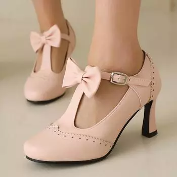 Женские туфли-лодочки из искусственной кожи на тонком высоком каблуке с круглым носком и Т-образным бантом, пикантные вечерние весенне-осенние туфли, черные, белые, розовые, 34-43 34 чёрный