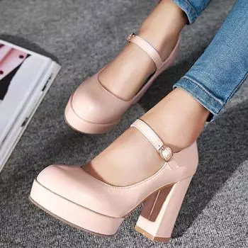 Женские туфли-лодочки из искусственной кожи, на платформе, на высоком каблуке с круглым носком, с пряжкой Мэри Джейн, лаконичные вечерние весенне-осенние туфли, черный, красный 34 чёрный