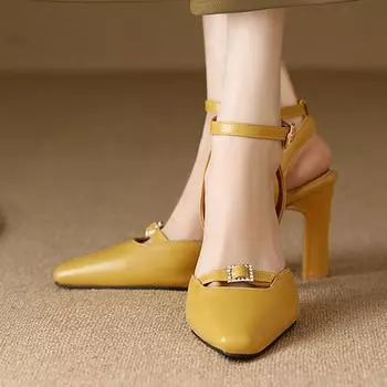 Женские туфли-лодочки из искусственной кожи на очень высоком толстом каблуке с острым носком, ремешком на щиколотке и пряжкой, вечерние пикантные весенне-осенние туфли с кристаллами 33 чёрный