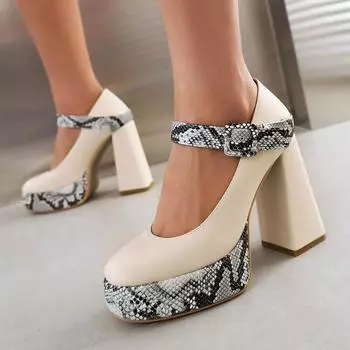 Женские туфли-лодочки из искусственной кожи на платформе, на очень высоком каблуке с круглым носком, вечерние пикантные весенне-осенние туфли Мэри Джейн с пряжкой, черные 35 бежевый