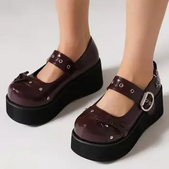 Женские туфли-лодочки из искусственной кожи, обувь на платформе и танкетке с круглым носком, вечерние туфли Мэри Джейн с бантом в стиле панк, весенне-осенняя обувь винно-красного цвета 34 чёрный