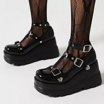 Женские туфли-лодочки из искусственной кожи, обувь-гладиатор на платформе в стиле панк, на танкетке с круглым носком, с заклепками и металлическими украшениями, весенне-осенняя обувь, размеры 35-43 35 чёрный