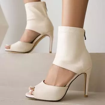 Женские туфли-лодочки из искусственной кожи, пикантные вечерние весенне-осенние туфли на тонком высоком каблуке с открытым носком на молнии и шнуровке, черные, бежевые 34 бежевый