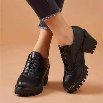 Женские туфли-лодочки из искусственной кожи с круглым носком, на толстом высоком каблуке, на шнуровке, на платформе, женская модная карьерная обувь, весенне-осенний цвет, черный 43