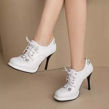 Женские туфли-лодочки из искусственной кожи, туфли-гладиаторы на платформе, на тонком высоком каблуке с круглым носком и заклепками, вечерние весенне-осенние туфли на шнуровке, черные 33 чёрный