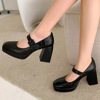 Женские туфли-лодочки из искусственной кожи, вечерние весенне-осенние туфли Мэри Джейн с квадратным носком и пряжкой на толстом высоком каблуке, сине-желтые брови 33 чёрный