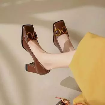 Женские туфли-лодочки из кожи в стиле ретро на платформе, женские элегантные туфли Мэри Джейн на квадратном каблуке, женские дизайнерские туфли с металлической пряжкой на высоком каблуке 35