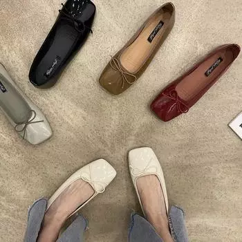 Женские туфли-лодочки из лакированной кожи на плоской подошве без шнуровки с бантом, туфли на плоской подошве, женские балетки на плоской подошве, белые, черные, весна-осень 35 бежевый