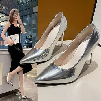 Женские туфли-лодочки из лакированной кожи на высоком каблуке 9 см, женские туфли-шпильки на низком каблуке, свадебные туфли из серебристого металла, блестящие туфли-лодочки для женщин 34 серебряный