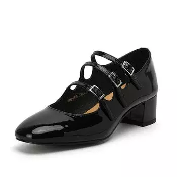 Женские туфли-лодочки из натуральной кожи, 22-25 см, коровья лакированная кожа, туфли Мэри Джейн с квадратным носком, полностью кожаные 34 чёрный