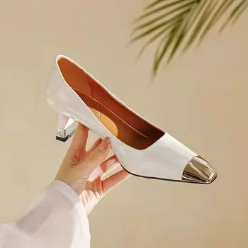 Женские туфли-лодочки из натуральной кожи длиной 22–24,5 см, элегантные туфли на высоком каблуке с металлическим верхом из воловьей кожи с квадратным носком 34 бежевый