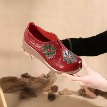 Женские туфли-лодочки из натуральной кожи с круглым носком в стиле ретро, женская обувь на танкетке с мягкой подошвой и цветочным принтом в этническом стиле 35 коричневый