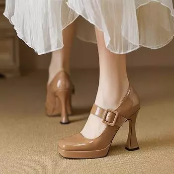 Женские туфли-лодочки из натуральной кожи на платформе, на шпильке с квадратным носком, вечерние модные весенне-осенние туфли Мэри Джейн с пряжкой на ремне 34 чёрный