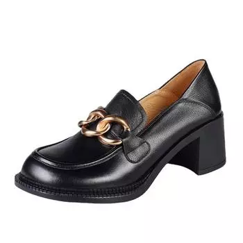 Женские туфли-лодочки из воловьей кожи, кожаные лоферы с металлической цепочкой, обувь для ленивости 34 чёрный