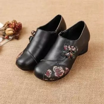 Женские туфли-лодочки Johnature Ethnic Style из натуральной кожи в стиле ретро с круглым носком, универсальные туфли на толстом каблуке