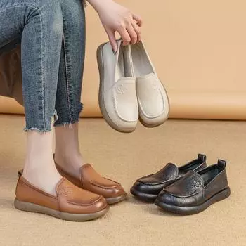 Женские туфли-лодочки Johnature из натуральной кожи в стиле ретро, удобные туфли без застежек на толстой подошве, универсальные туфли с круглым носком 35