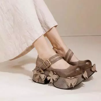 Женские туфли-лодочки Johnature на толстой подошве в стиле ретро с бабочкой, удобная обувь на платформе из натуральной кожи 35 серый