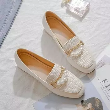 Женские туфли-лодочки Kawaii Cute Square Toe Block Healed Shoes for Women Loafers Pearl Shunk Healed ... 35