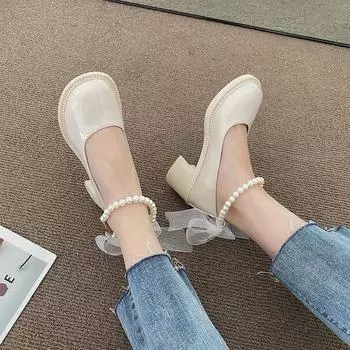 Женские туфли-лодочки, кожаные туфли на высоком каблуке 6 см, с круглым носком, в стиле Лолиты, в стиле ретро, с бантом и жемчугом, черные, бежевые, уличные туфли Мэри Джейн для женщин 38 бежевый