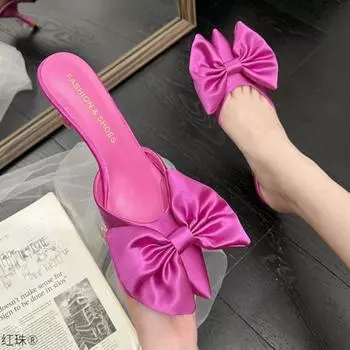 Женские туфли-лодочки Летние тапочки Женские туфли на низком каблуке с бантом и острым носком на среднем каблуке Тапочки на высоком каблуке Zapatos De Tacon 35 чёрный