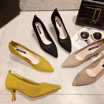 Женские туфли-лодочки, летние удобные туфли для вечеринок на треугольном каблуке, пикантные туфли на шпильке, летающая дышащая женская обувь из тканой сетки 35 жёлтый