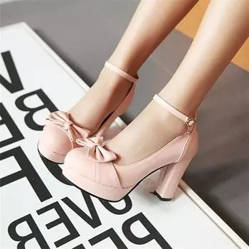 Женские туфли-лодочки Лолита с ремешком на щиколотке, круглый носок, высокие каблуки, кавайная платформа, женская обувь с пряжкой и бантом, весна-осень 43 34 чёрный