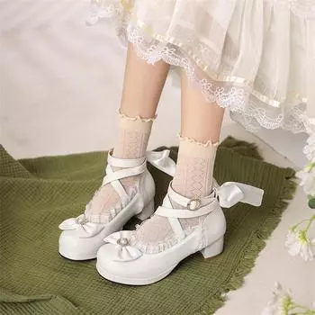 Женские туфли-лодочки Лолита с ремешком на щиколотке, круглый носок, толстый средний каблук, пряжка с перекрестным ремешком и бантом, кавайная женская обувь для косплея, весна-осень 33 чёрный