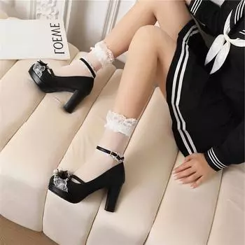 Женские туфли-лодочки Лолита с ремешком на щиколотке, женские туфли-лодочки в стиле Лолиты с круглым носком, на платформе, на толстом высоком каблуке с пряжкой и бантом, весна-осень 46 33 бежевый