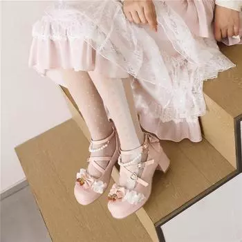Женские туфли-лодочки Лолита с ремешком на щиколотке в стиле каваи, летние женские туфли на платформе с круглым носком, на толстом среднем каблуке с бантом и перекрестным ремешком, женская обувь для косплея 33 бежевый
