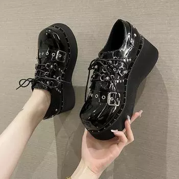 Женские туфли-лодочки Мэри Джейн Дерби с металлическими украшениями на платформе, женская обувь на плоском каблуке, женская обувь на танкетке в стиле Лолита, готическая обувь в стиле Харадзюку, в стиле панк 35