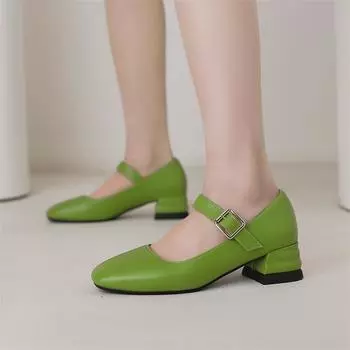Женские туфли-лодочки Мэри Джейн из лакированной кожи с квадратным носком, толстым средним каблуком и пряжкой, женская модная обувь, весна-осень, зеленый, черный 45 33 бежевый