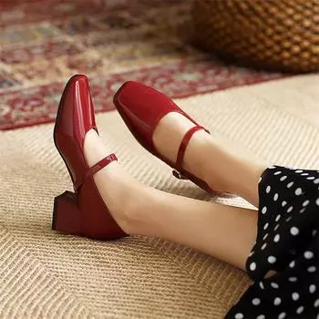 Женские туфли-лодочки Мэри Джейн из лакированной натуральной кожи с квадратным носком на толстом среднем каблуке с пряжкой, женская модная карьерная обувь, весна-осень 33 чёрный