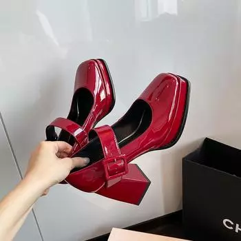 Женские туфли-лодочки Мэри Джейн из натуральной кожи на толстом высоком каблуке и платформе, повседневная женская обувь на массивном каблуке, весенне-летняя обувь для вечеринок 10 красный