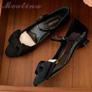 Женские туфли-лодочки Мэри Джейн с круглым носком, на толстом среднем каблуке, с пряжкой и бантом, перчатки-туфли, женская модная карьерная обувь, весна-осень, черные 40